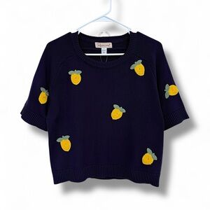 Navy Short-Sleeve Sweater with Yellow Lemon Appliqués oversized